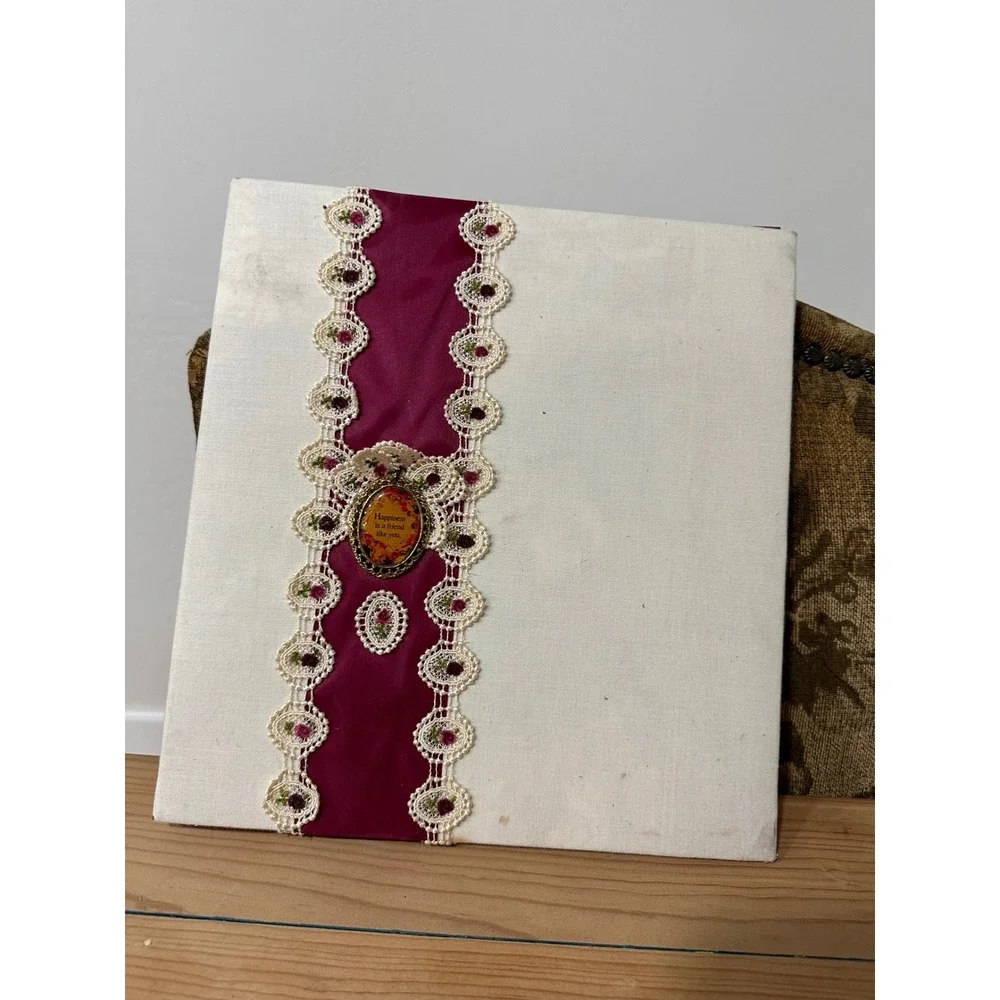 Vintage Cottagecore Padded Fabric Photo Album Lace & Burgundy Large Memory‎ Book
